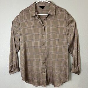 The Limited Polyester Long Sleeve Button Up Women's Plaid Tan Blouse Size L